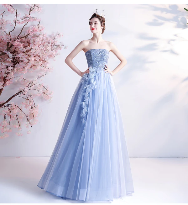 Modern / Fashion Sky Blue Lace Flower Prom Dresses Backless 2021 A-Line / Princess Strapless Sleeveless Floor-Length / Long Formal Dresses