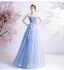 Modern / Fashion Sky Blue Lace Flower Prom Dresses Backless 2021 A-Line / Princess Strapless Sleeveless Floor-Length / Long Formal Dresses