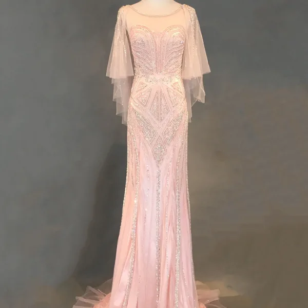 Luxe Ivoire Robe De Soirée 2018 Trompette / Sirène Perlage Perle Faux Diamant Paillettes Encolure Dégagée Dos Nu 3/4 Manches Train De Balayage Robe De Ceremonie