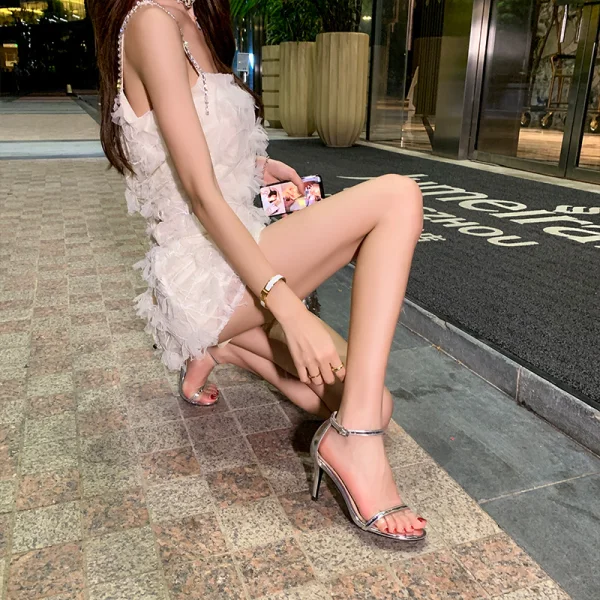 Sexy Silver Cocktail Party Womens Sandals 2020 Ankle Strap 8 cm Stiletto Heels Open / Peep Toe Sandals