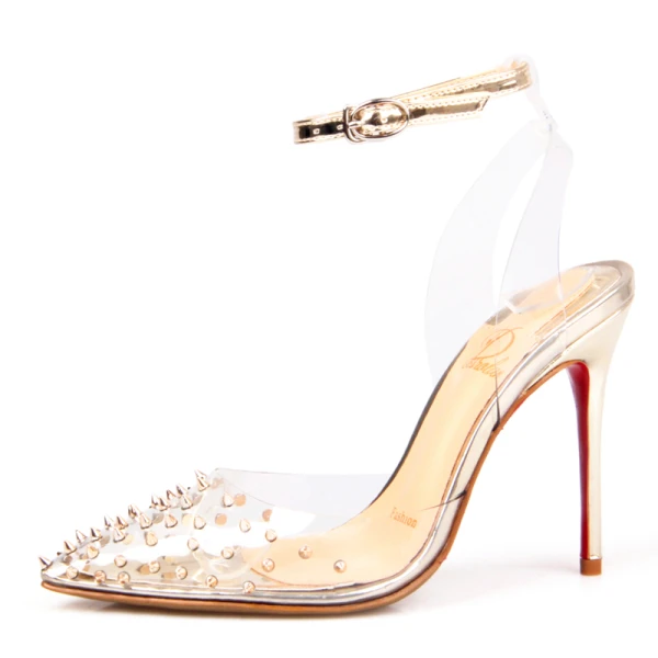 Charmant Gold Abend Niet Sandalen Damen 2020 Knöchelriemen 10 cm Stilettos Spitzschuh Sandaletten
