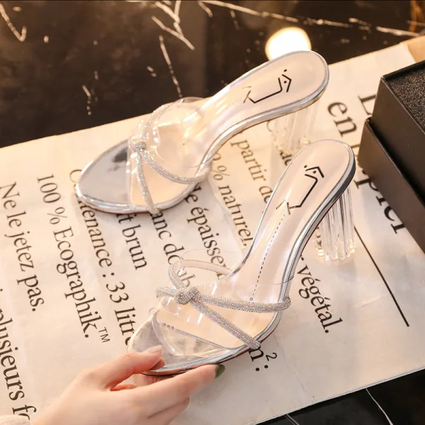 Sexy Transparent Argenté Cristal Sandales Femme 2020 Vêtement de rue Faux Diamant 8 cm Talons Épais Peep Toes / Bout Ouvert Sandales