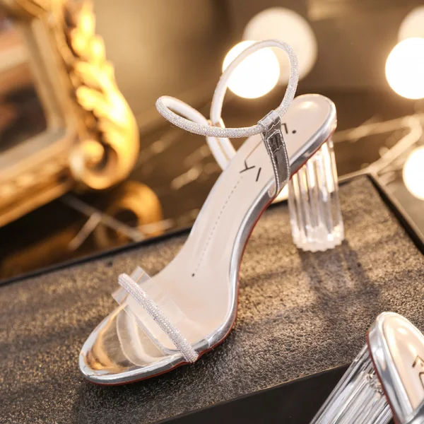 Sexy Champagne Evening Party Crystal Womens Sandals 2020 Rhinestone 8 cm Thick Heels Open / Peep Toe Sandals