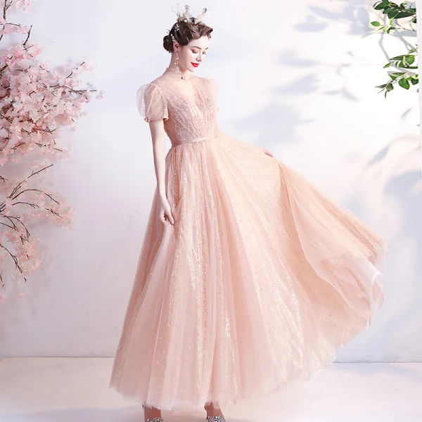 Fashion Blushing Pink Homecoming Graduation Dresses 2021 A-Line / Princess High Neck Beading Pearl Sequins Short Sleeve Backless Floor-Length / Long Formal Dresses