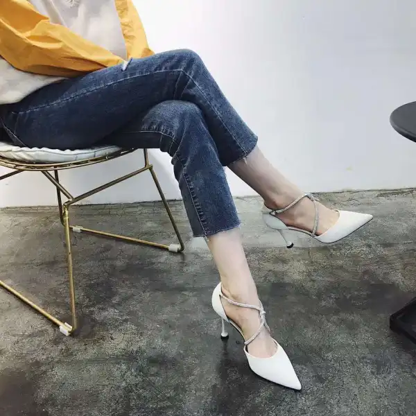 Fashion Black Street Wear Womens Sandals 2020 Rhinestone X-Strap 8 cm Stiletto Heels Pointed Toe Sandals