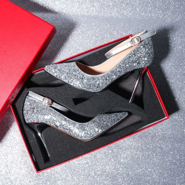 Sparkly Sølv Paljetter Brudesko 2020 Ankelstropp 9 cm Stiletthæler Spisse Bryllup Pumps
