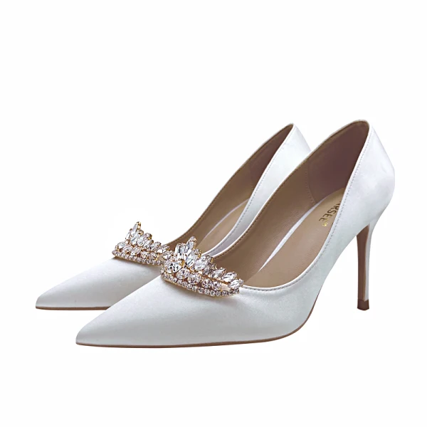 Charmant Weiß Strass Brautschuhe 2020 Leder 10 cm Stilettos Spitzschuh Hochzeit Pumps