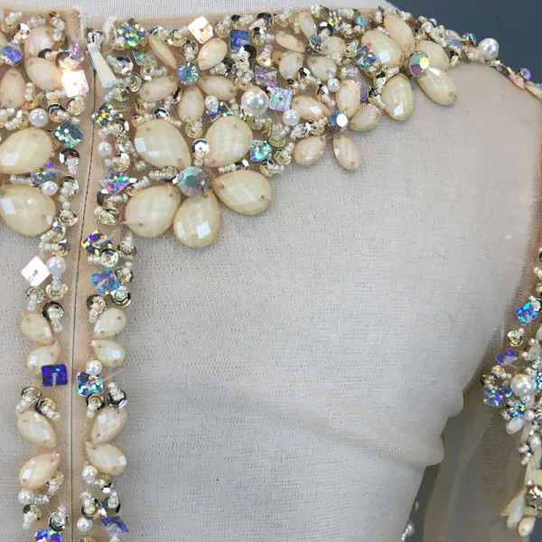 Luxury / Gorgeous Champagne Evening Dresses 2018 Trumpet / Mermaid Beading Crystal Pearl Rhinestone Sequins Scoop Neck Long Sleeve Sweep Train Formal Dresses