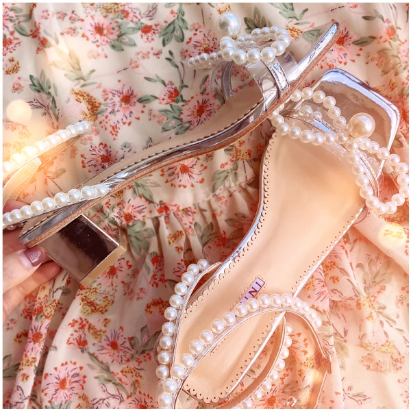 Sexy Été Argenté Dansant Sandales Femme 2020 Cuir Perle Bride Cheville 5 cm Talons Épais Peep Toes / Bout Ouvert Sandales