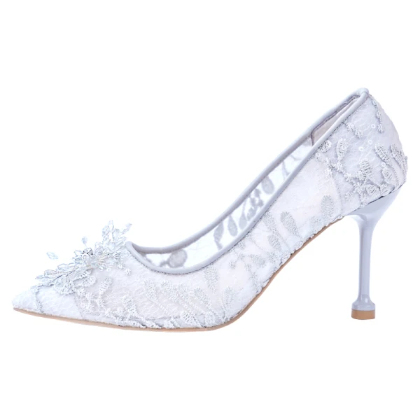 Charming Grey Crystal Wedding Shoes 2020 Lace 8 cm Stiletto Heels Pointed Toe Wedding Pumps