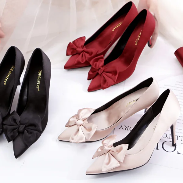 Elegant Burgundy Prom Satin Pumps 2020 Leather Bow 8 cm Stiletto Heels Pointed Toe Pumps