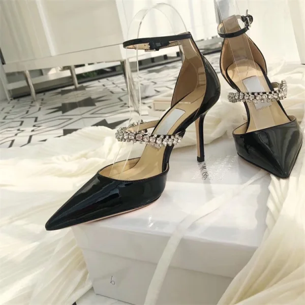 Chic / Belle Beige Vêtement de rue Sandales Femme 2020 Cuir Faux Diamant Bride Cheville 9 cm Talons Aiguilles À Bout Pointu Sandales