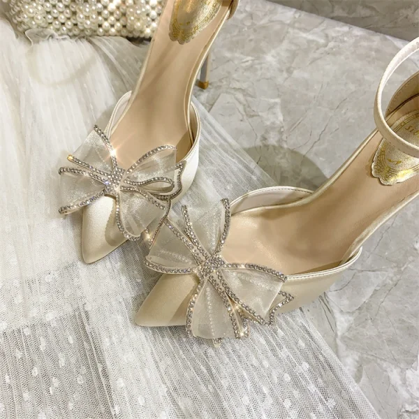 Fashion Beige Evening Party Womens Sandals 2020 Leather Rhinestone Bow Ankle Strap 9 cm Stiletto Heels Pointed Toe Sandals