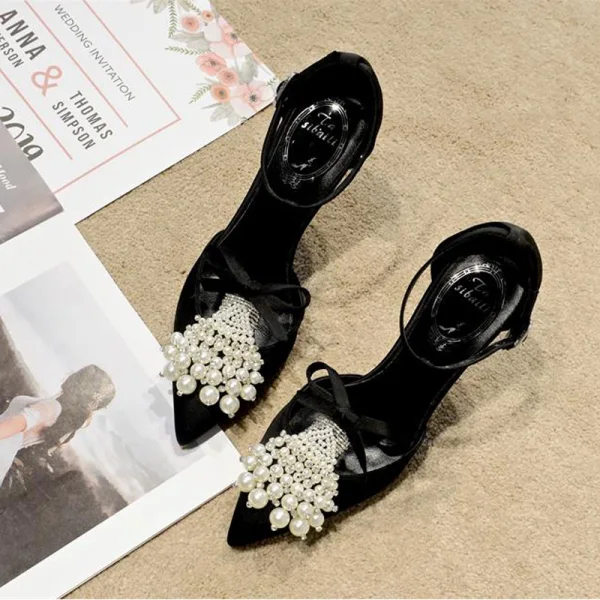 Fashion Black Prom Womens Sandals 2020 Leather Bow T-Strap Pearl Rhinestone 9 cm Stiletto Heels Pointed Toe Sandals