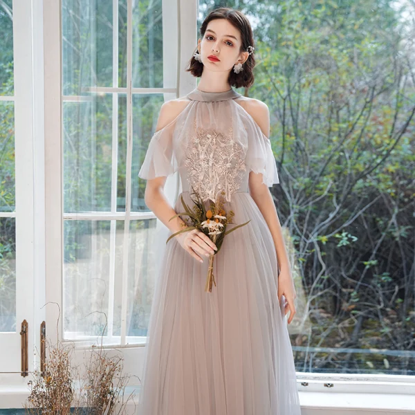 Modest / Simple Blushing Pink Bridesmaid Dresses 2021 A-Line / Princess V-Neck Lace Flower Appliques Short Sleeve Backless Floor-Length / Long Wedding Party Dresses