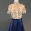 Chic / Belle Bleu Marine Robe De Soirée 2018 Princesse Ceinture Fait main Perlage Cristal Faux Diamant Paillettes Col Haut 1/2 Manches Train De Balayage Robe De Ceremonie