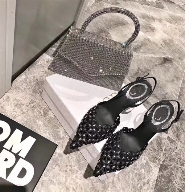 Charming Silver Cocktail Party Rhinestone Womens Sandals 2020 Leather Slingbacks 10 cm Stiletto Heels Pointed Toe Sandals