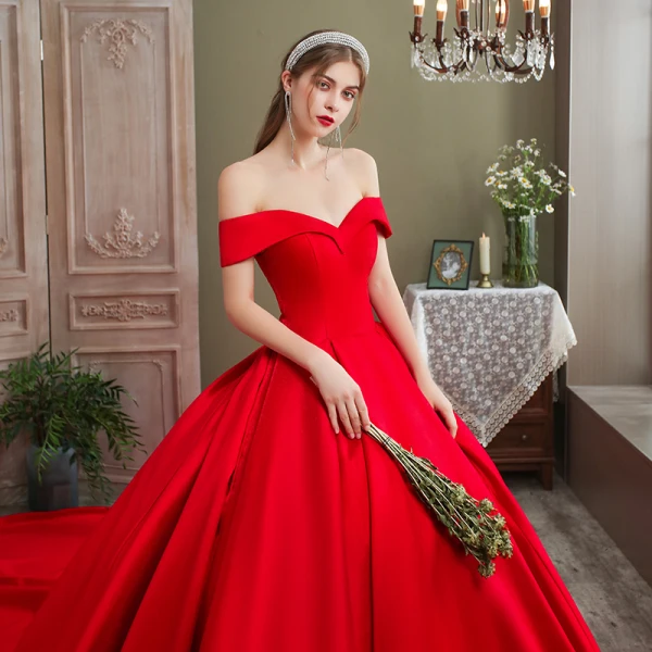 Luxury / Gorgeous Red Wedding Dresses 2020 Ball Gown Satin Off-The-Shoulder Sleeveless Backless Royal Train Wedding