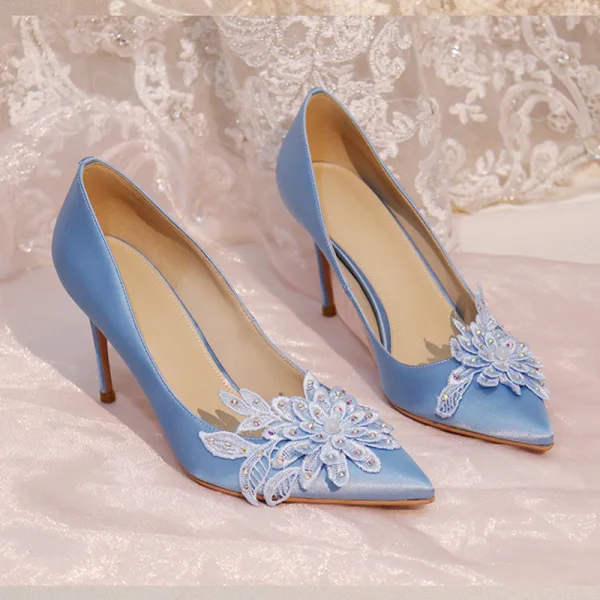 Elegant Pool Blue Bridesmaid Pumps 2020 Satin Lace Flower Rhinestone 8 cm Stiletto Heels Pointed Toe Pumps