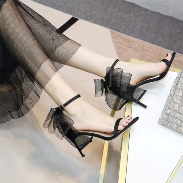 Schöne Weiß Ball Schleife Sandalen Damen 2020 Knöchelriemen 10 cm Stilettos Peeptoes Sandaletten