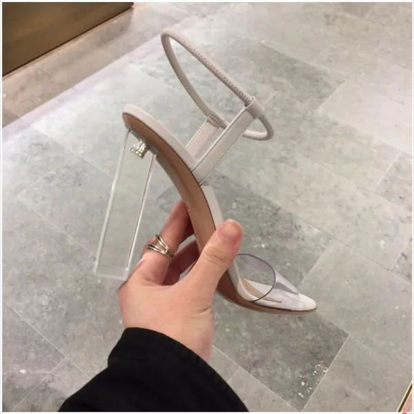 Schlicht Sexy Schwarz Strassenmode Sandalen Damen 2020 Knöchelriemen 9 cm Thick Heels Peeptoes Sandaletten