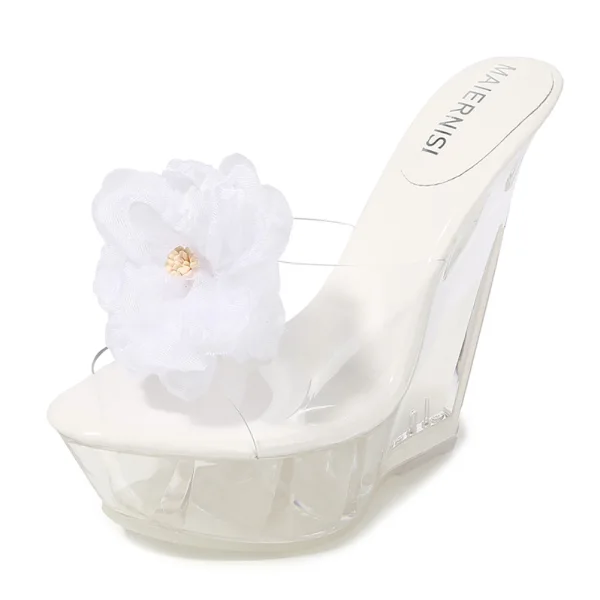 Transparent Charming Outdoor / Garden White Womens Sandals 2020 Flower 14 cm Wedges Open / Peep Toe Sandals