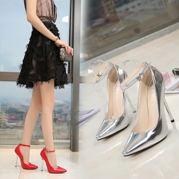 Mode Argenté Soirée Escarpins 2020 Cuir Verni Bride Cheville 13 cm Talons Aiguilles Peep Toes / Bout Ouvert Escarpins
