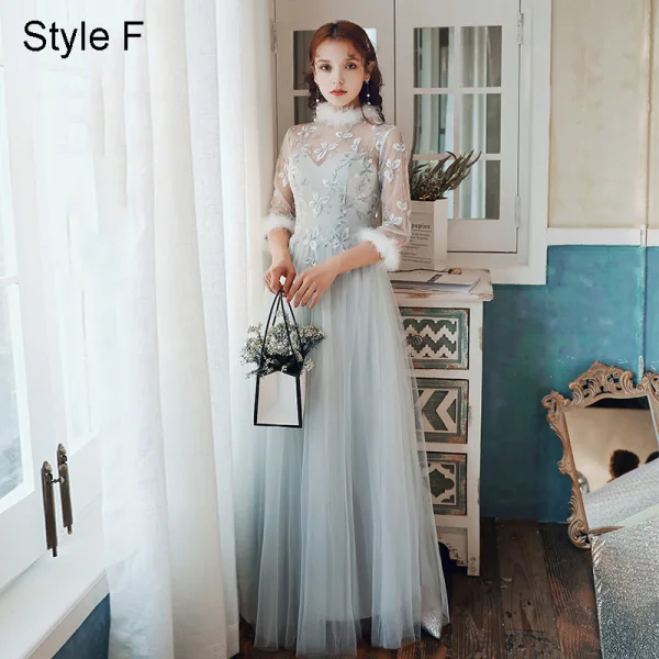 Chinese style Elegant Blushing Pink Embroidered Bridesmaid Dresses 2021 A-Line / Princess Scoop Neck 3/4 Sleeve Floor-Length / Long Wedding Party Dresses