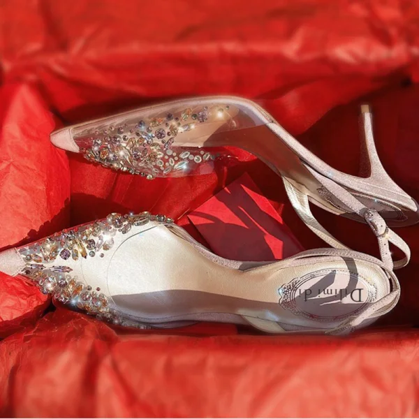 Charmant Rougissant Rose Cocktail Faux Diamant Sandales Femme 2020 Slingbacks 7 cm Talons Aiguilles À Bout Pointu Sandales