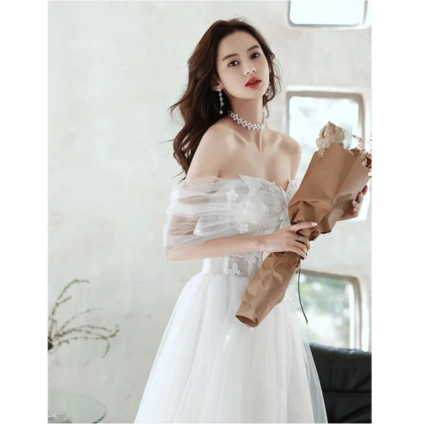 Simple Blanche En Dentelle Fleur Plage Robe De Mariée 2021 Princesse De l'épaule Manches Courtes Dos Nu Longue