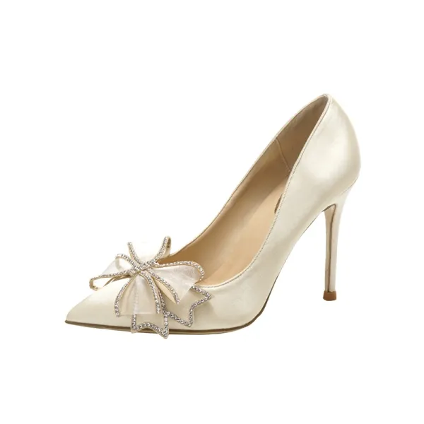 Charming Beige Evening Party Pumps 2020 Leather Rhinestone Bow 10 cm ...