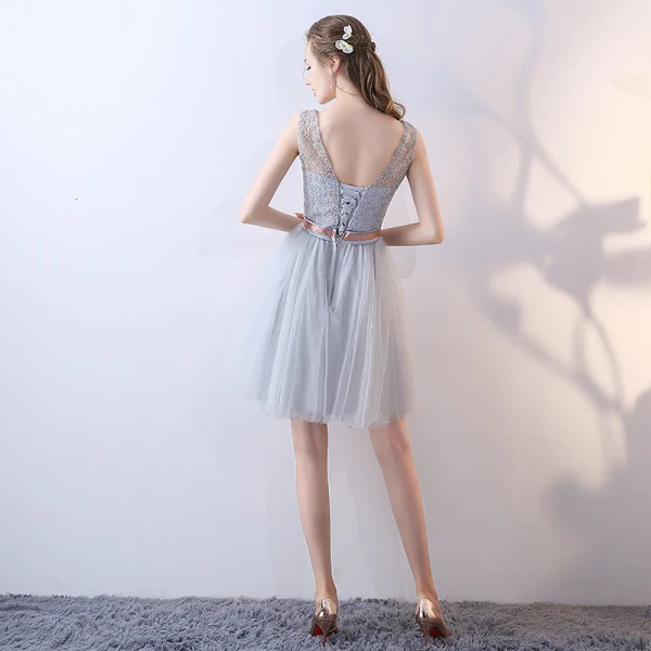 Chic / Beautiful Grey Bridesmaid Dresses 2018 A-Line / Princess Bow Sleeveless Backless Short Wedding Party Dresses