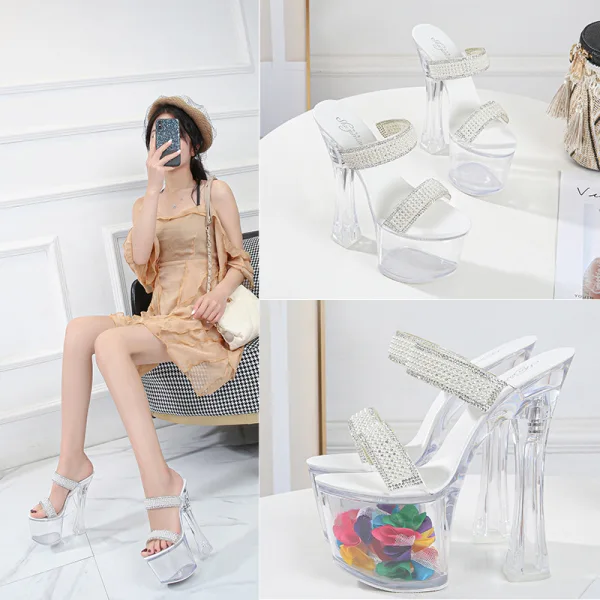 Transparent Amazing / Unique White Rave Club Womens Sandals 2020 Pearl Rhinestone 17 cm Thick Heels Open / Peep Toe Sandals