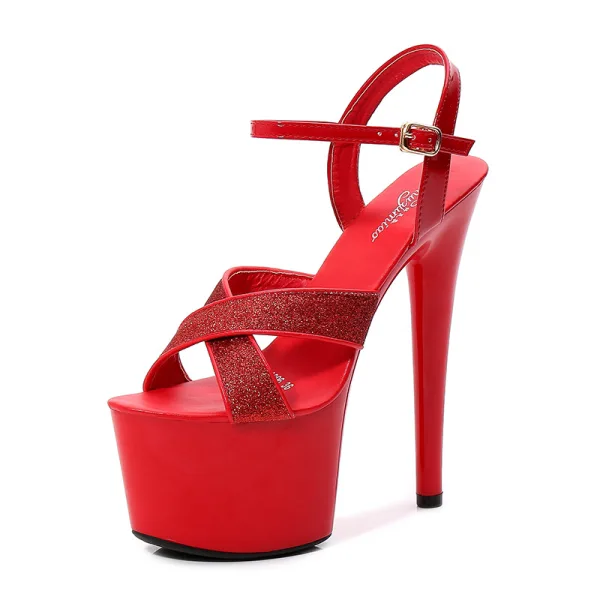 Chic / Belle Noire Club de carnaval Paillettes Sandales Femme 2020 Bride Cheville 15 cm Talons Aiguilles Peep Toes / Bout Ouvert Sandales