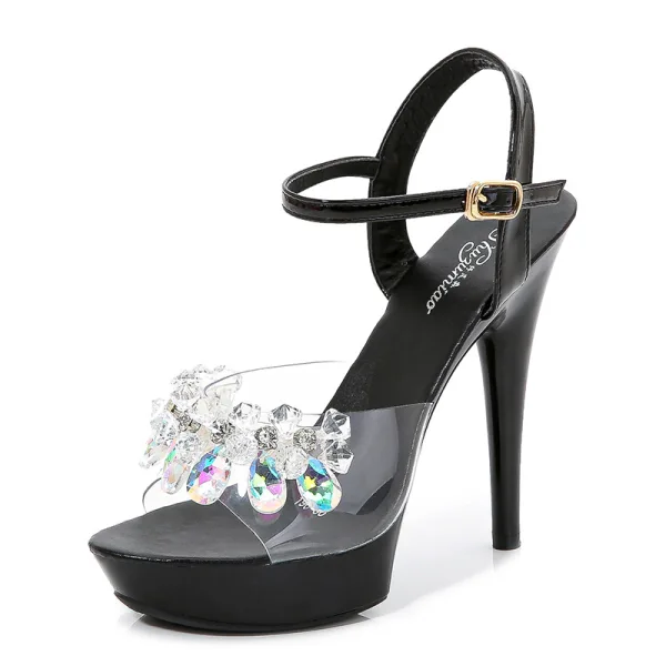 Sexy Noire Club de carnaval Faux Diamant Sandales Femme 2020 Bride Cheville 15 cm Talons Aiguilles Peep Toes / Bout Ouvert Sandales