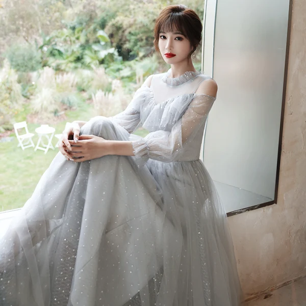 Modern / Fashion Grey Bridesmaid Dresses 2021 A-Line / Princess Scoop Neck Sequins 3/4 Sleeve Backless Floor-Length / Long Wedding Party Dresses
