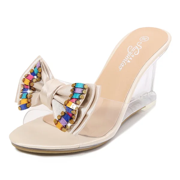 Chic / Beautiful Silver Street Wear Womens Sandals 2020 Rhinestone Bow 8 cm Wedges Open / Peep Toe Sandals