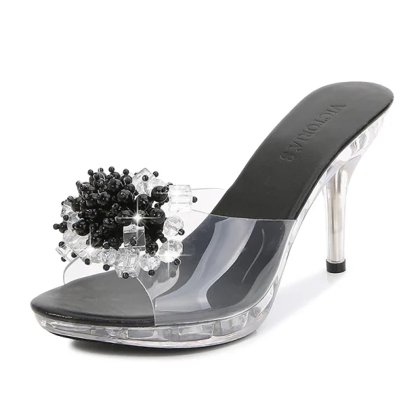 Schlicht Schwarz Strassenmode Strass Sandalen Damen 2020 9 cm Stilettos Peeptoes Sandaletten