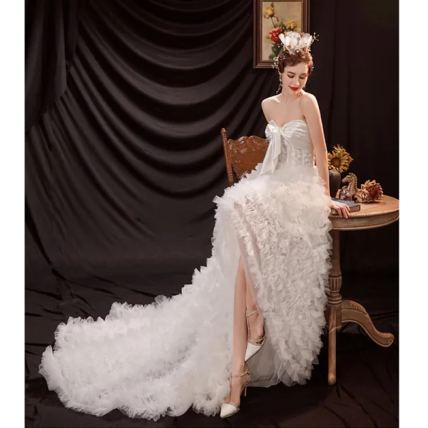 Sexy Ivory Ruffle Asymmetrical Wedding Dresses 2021 A-Line / Princess Satin Strapless Sleeveless Wedding