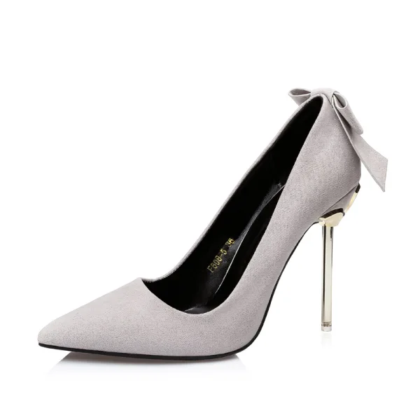 Enkel Grå Kontor OL Sløyfe Suede Pumps 2020 10 cm Stiletthæler Spisse Pumps
