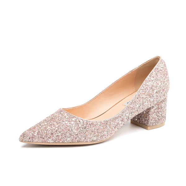 Glittrande Silver Paljetter Brudskor 2020 7 cm Tjocka Klackar Spetsiga Bröllop Pumps