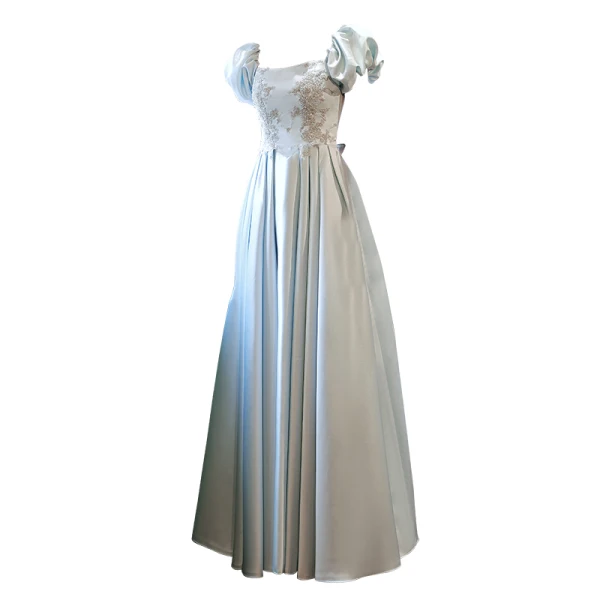 Elegant Sky Blue Satin Homecoming Graduation Dresses Prom Dresses 2021 A-Line / Princess Square Neckline Glitter Sequins Embroidered Short Sleeve Backless Floor-Length / Long
