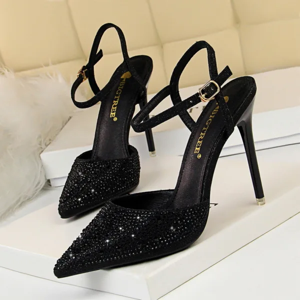 Glitzernden Rosa Abend Sandalen Damen Strass 2020 Knöchelriemen 10 cm Stilettos Spitzschuh Sandaletten