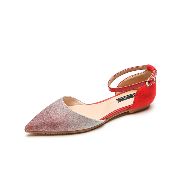 Schöne Sommer Beige Strassenmode Pailletten Flache Sandalen Damen 2020 Knöchelriemen Spitzschuh Sandaletten