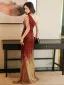 Scintillantes Sexy Bordeaux Paillettes Robe De Soirée 2021 Trompette / Sirène Une épaule Perlage Sans Manches Dos Nu Train De Balayage Soirée Robe De Ceremonie