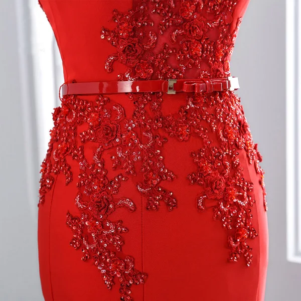 Schöne Rot Abendkleider 2018 Mermaid Perlenstickerei Pailletten Schleife Mit Spitze Blumen Rundhalsausschnitt Ärmel Sweep / Pinsel Zug Festliche Kleider