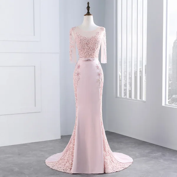 Chic / Belle Rose Bonbon Robe De Soirée 2018 Trompette / Sirène Dentelle Fleur Perlage Noeud Encolure Dégagée 1/2 Manches Dos Nu Train De Balayage Robe De Ceremonie