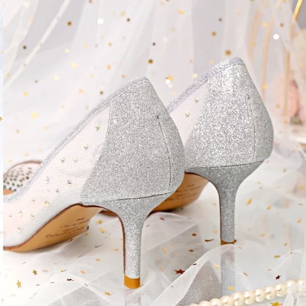 Glittrande Silver Brudskor 2020 Rhinestone Paljetter 9 cm Stilettklackar Spetsiga Bröllop Pumps