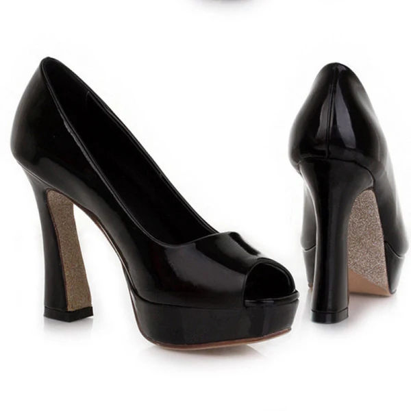 Simple Noire Bureau OL Cuir Verni Sandales Femme 2020 11 cm Talons Épais Peep Toes / Bout Ouvert Escarpins