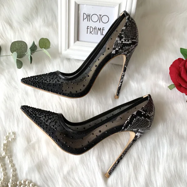 Charmant Noire Soirée Faux Diamant Escarpins 2020 Cuir Motif Peau De Serpent 12 cm Talons Aiguilles À Bout Pointu Escarpins